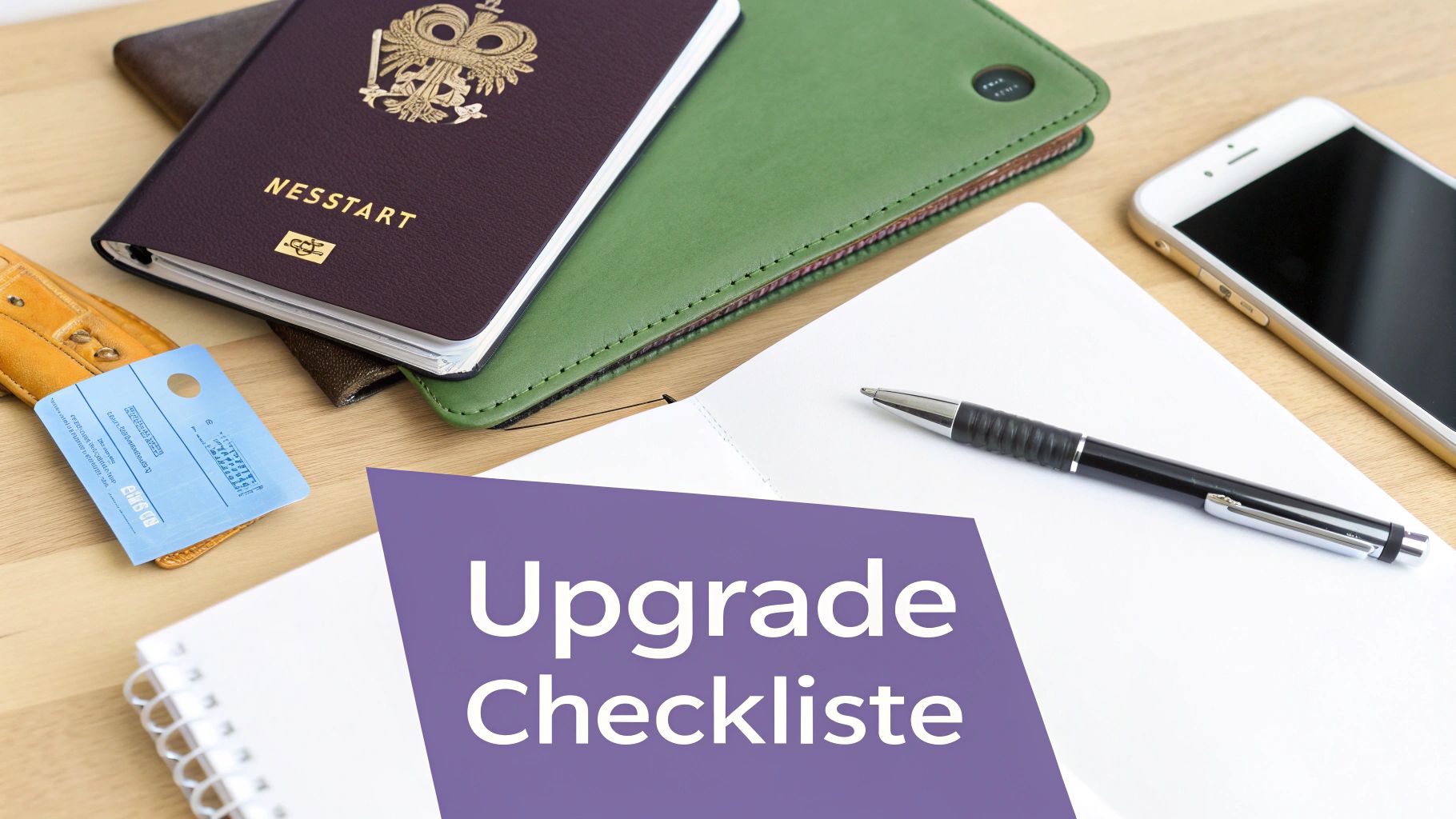 Reiseutensilien wie Reisepass, Notizbuch und Stift auf Holztisch mit Upgrade Checkliste.