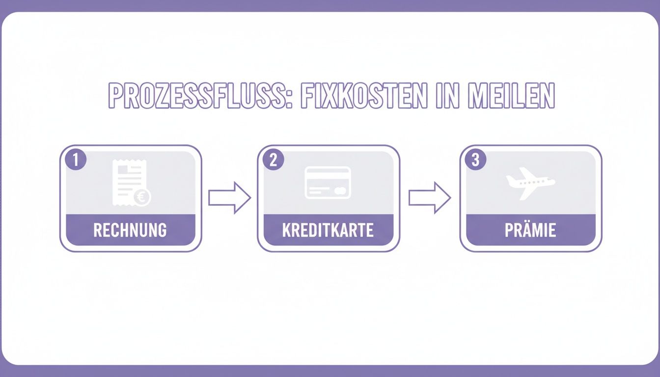 Prozessfluss zur Umwandlung von Fixkosten in Meilen, dargestellt in drei Schritten: Rechnung, Kreditkartenzahlung und erhaltene Prämie.