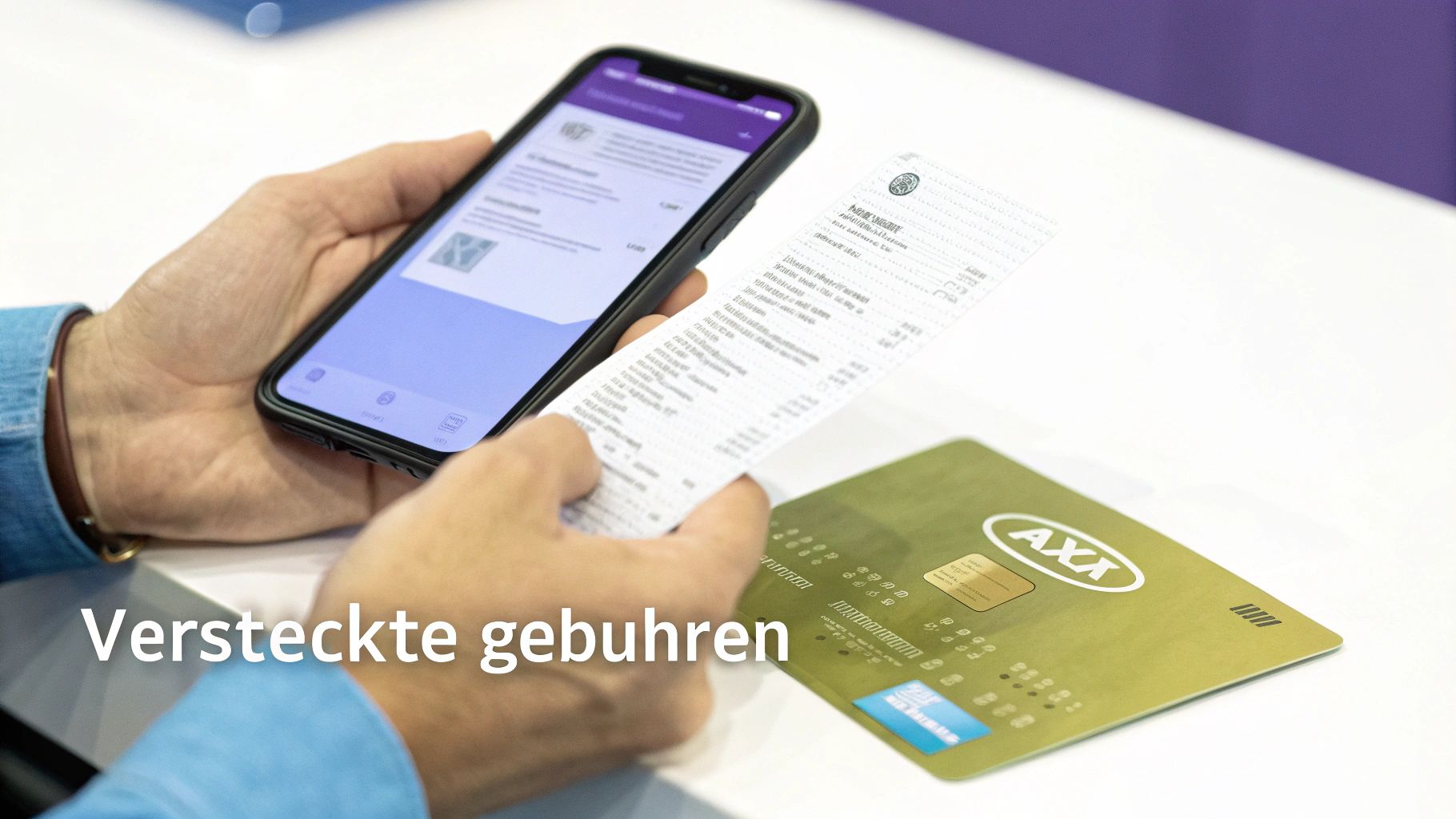 Eine Person, die ihre American Express Abrechnung auf einem Tablet prüft und einen besorgten Gesichtsausdruck hat.