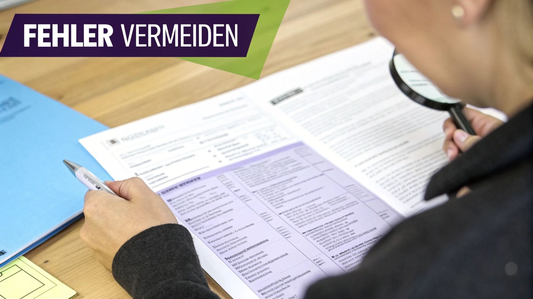 Person prüft sorgfältig Dokumente mit Lupe und Stift, um Fehler zu vermeiden.