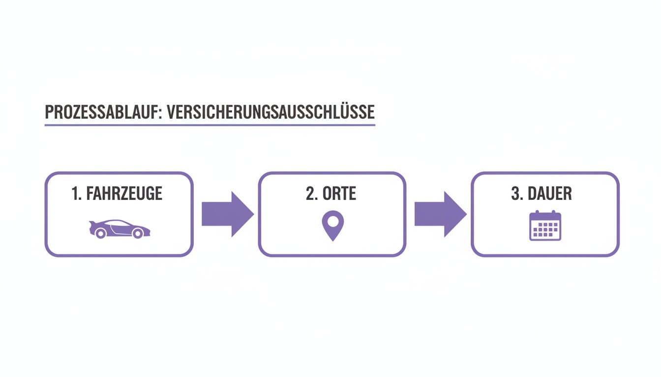 Prozessablauf zu Versicherungsausschlüssen, dargestellt in drei Schritten: Fahrzeuge, Orte und Dauer mit entsprechenden Symbolen.