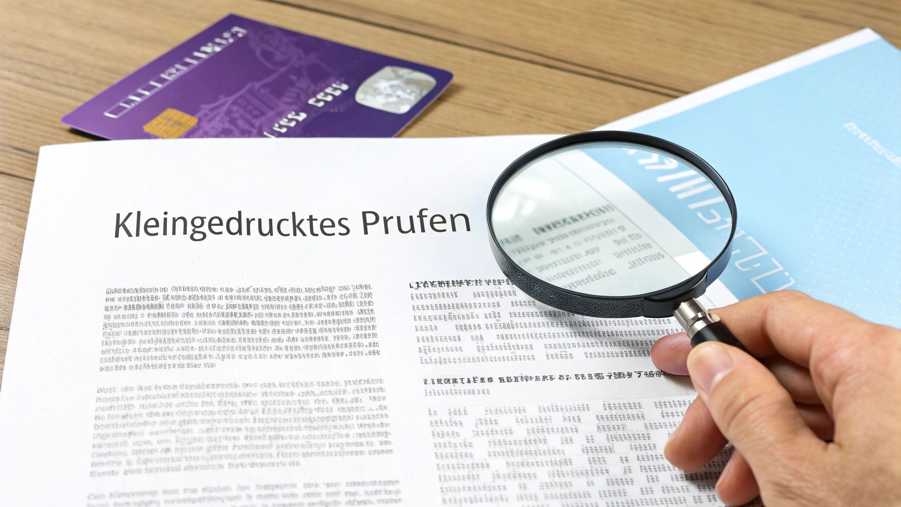 Eine Person liest mit einer Lupe das Kleingedruckte auf einem Versicherungsdokument, um versteckte Klauseln zu finden.