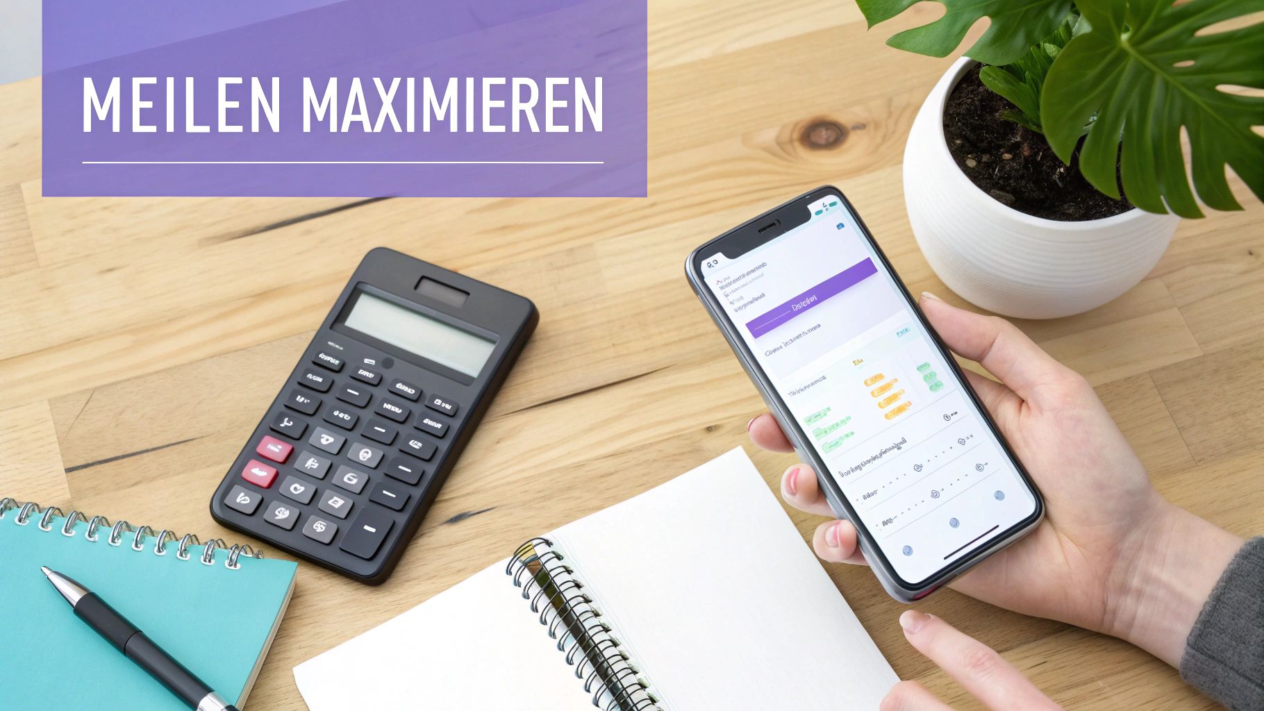 Person nutzt Smartphone und Taschenrechner auf einem Schreibtisch, mit Text 'Meilen Maximieren'.