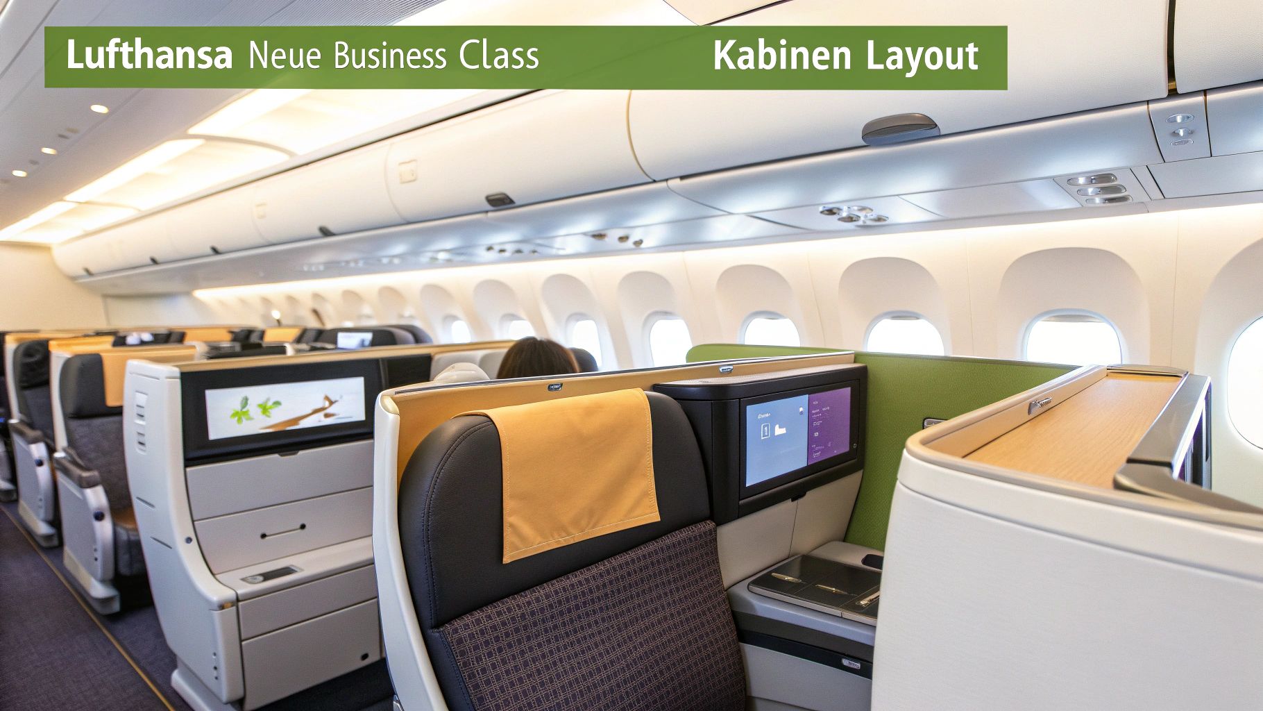 Eine Nahaufnahme eines Sitzes in der neuen Lufthansa Business Class mit einem Kissen, das auf Komfort und Luxus hinweist.