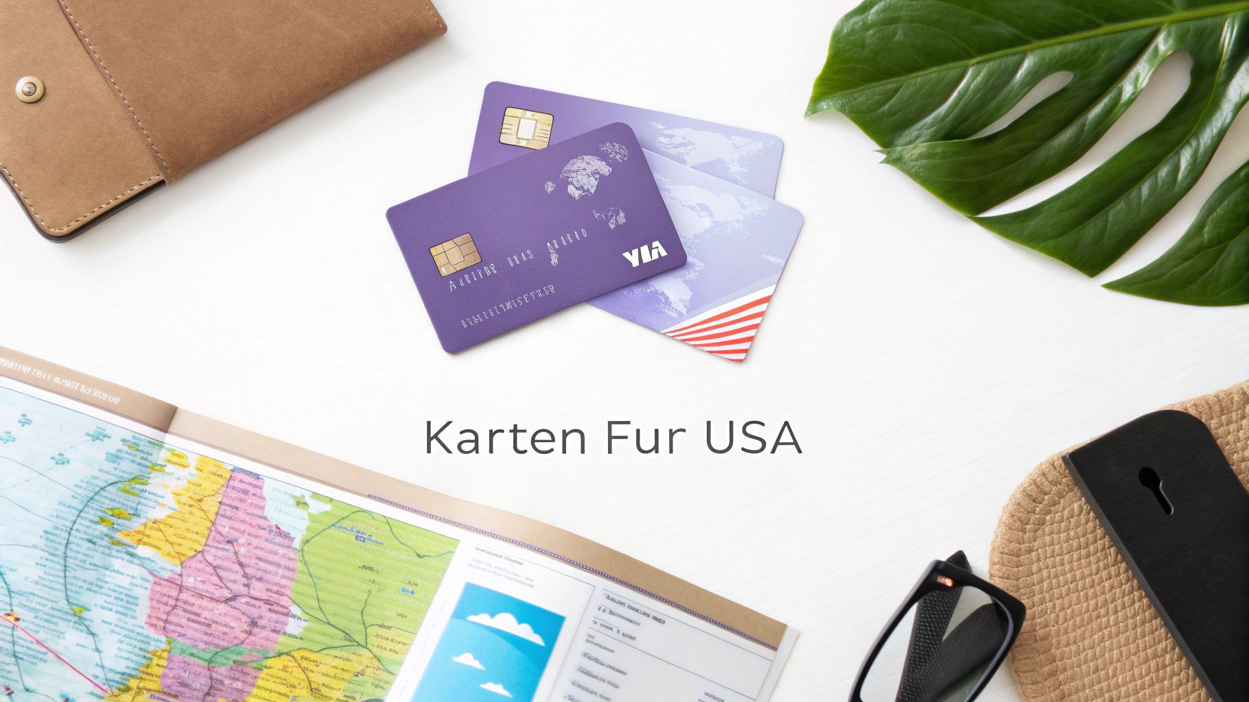 Drei Kreditkarten, Landkarten und Reiseutensilien auf einem weißen Tisch, ideal für die USA-Reiseplanung.