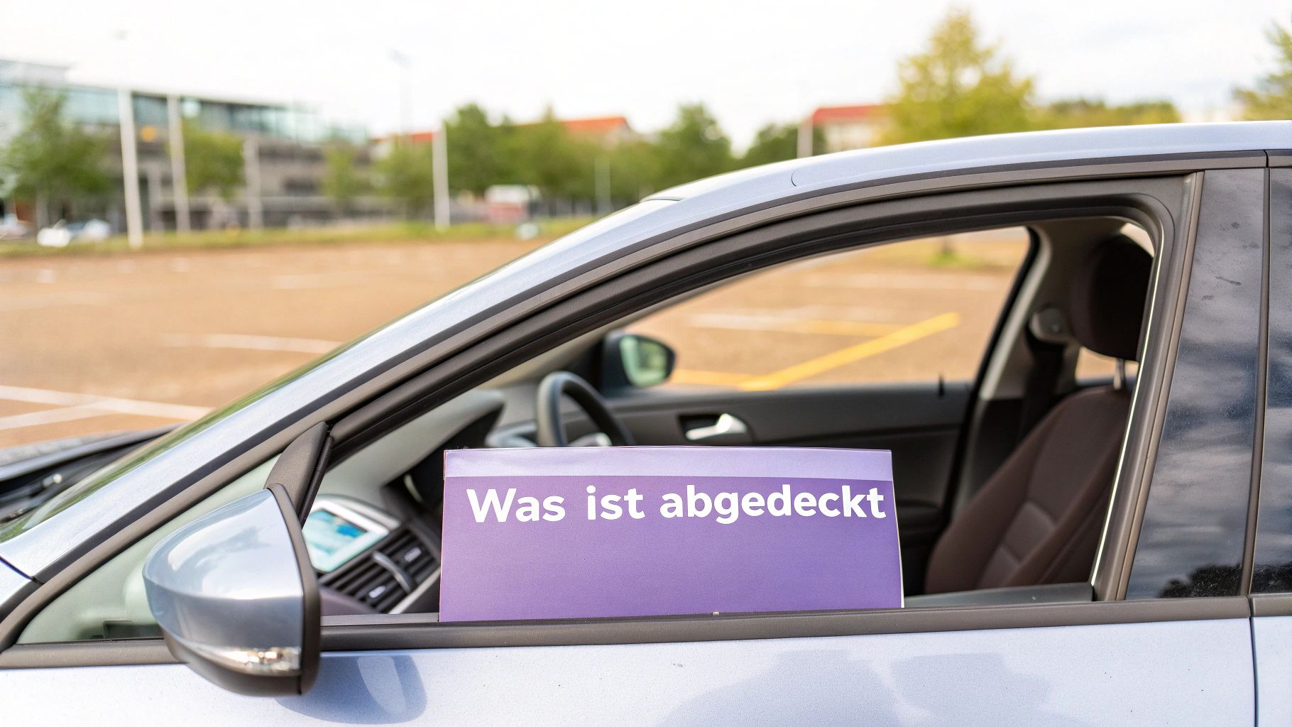 Ein silbernes Auto mit einem violetten Schild im Fenster, auf dem 'Was ist abgedeckt' steht, auf einem Parkplatz.
