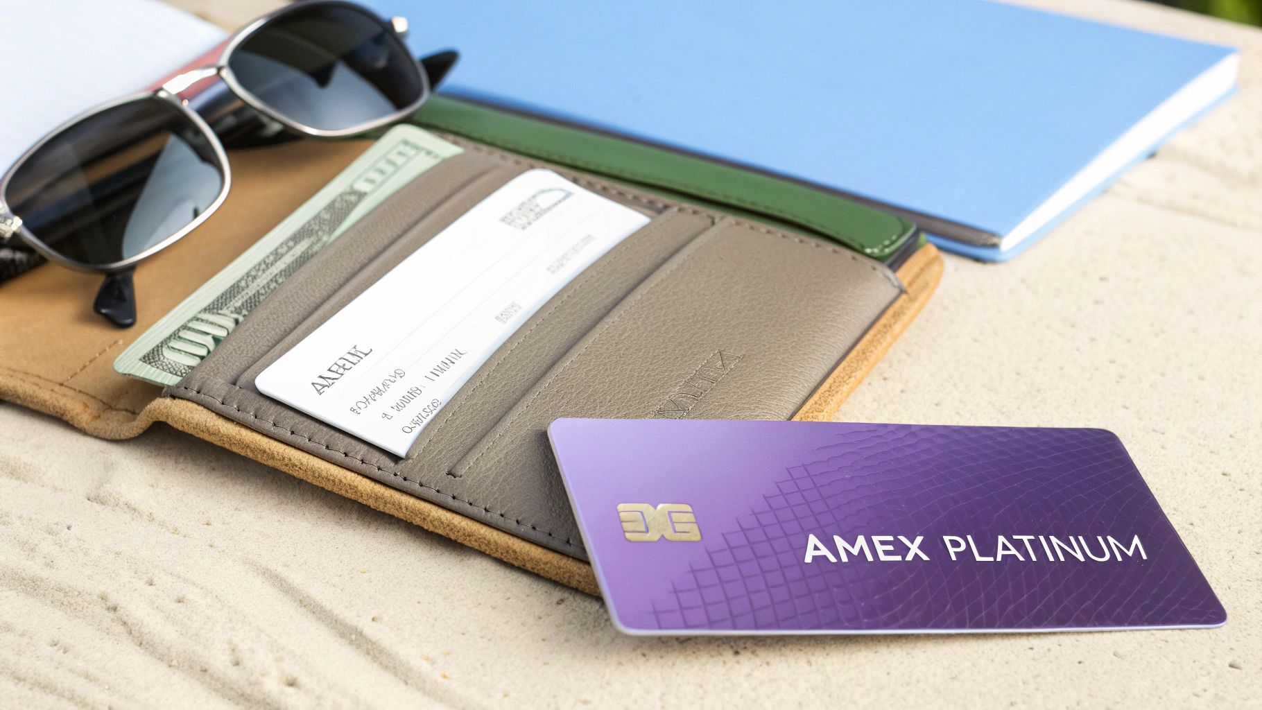 Eine Geldbörse mit Hundert-Dollar-Schein, Sonnenbrille und einer lila AMEX Platinum Kreditkarte auf sandfarbenem Untergrund.