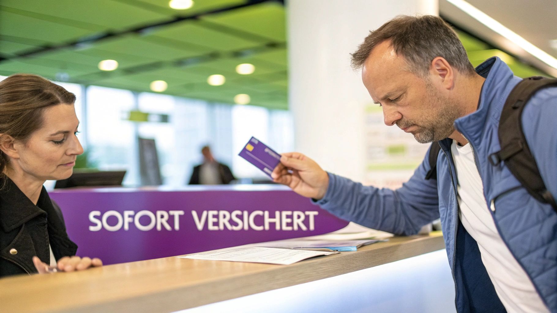 Ein Mann präsentiert eine Karte an einem Serviceschalter, während eine Frau zusieht. Im Hintergrund steht 'SOFORT VERSICHERT'.