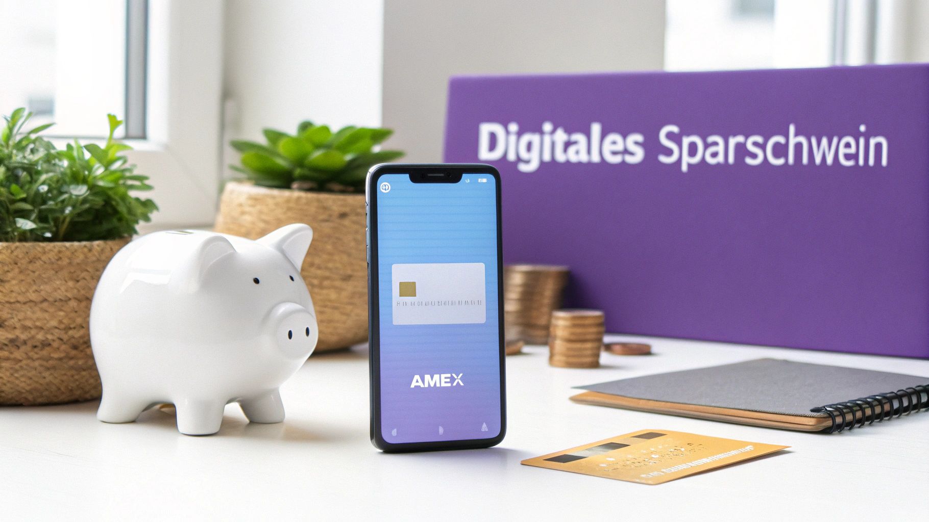 Eine Nahaufnahme einer goldenen American Express Kreditkarte auf einem dunklen Holztisch.