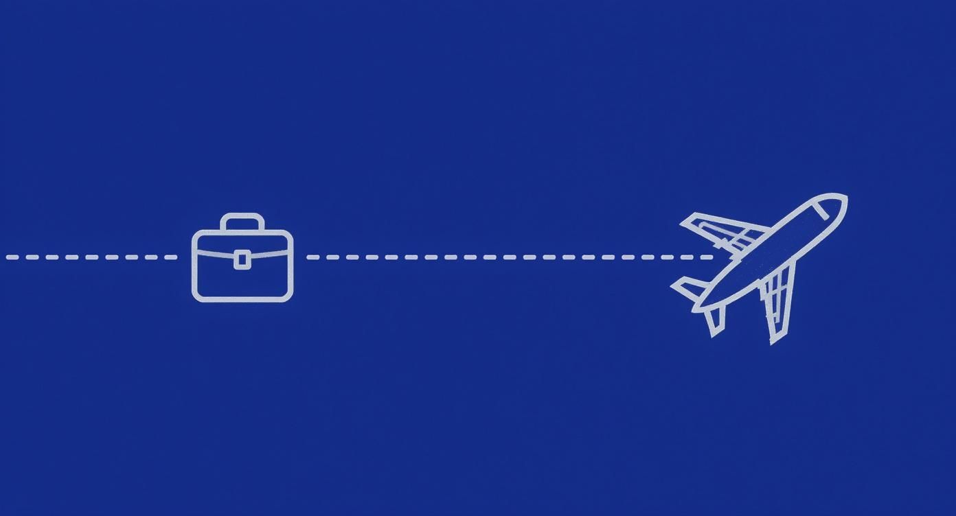 Geschäftsreise-Konzept mit Aktentasche und Flugzeug verbunden durch gepunktete Linie auf blauem Hintergrund