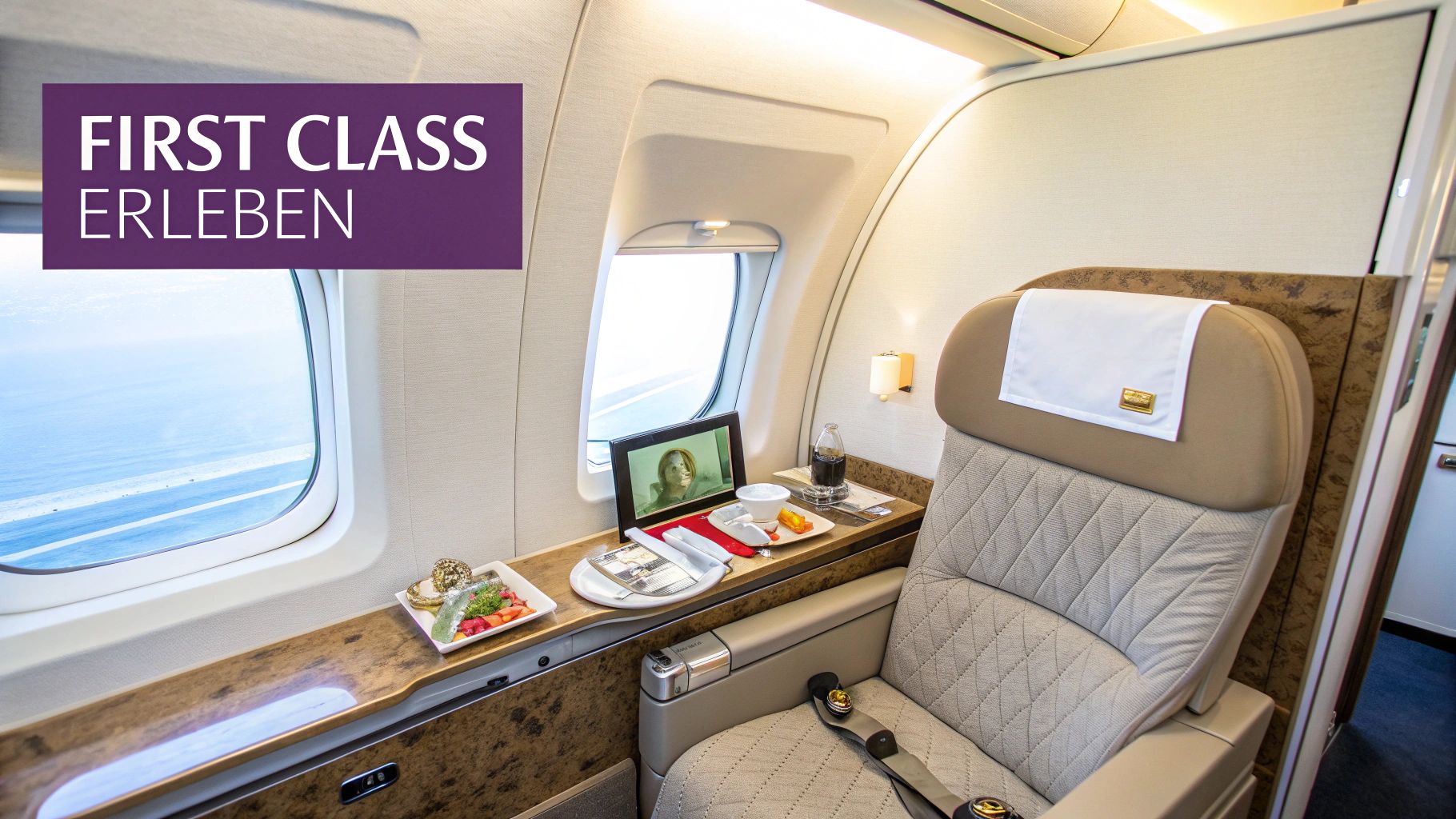 Luxuriöse First-Class-Kabine eines Flugzeugs mit bequemem Sitz, Essen auf dem Tisch und Blick aus dem Fenster.