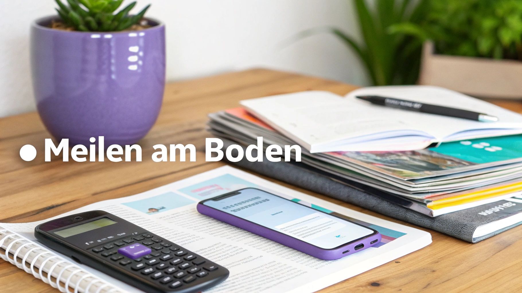Arbeitsplatz mit Taschenrechner, Smartphone, Notizbuch und Pflanze auf Holztisch, überlagert mit 'Meilen am Boden'.