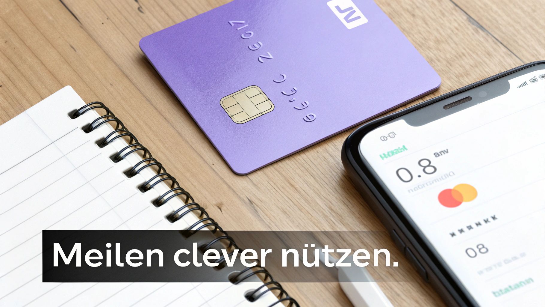 Lila Kreditkarte, Smartphone und Notizbuch auf Holztisch mit dem Text „Meilen clever nutzen.