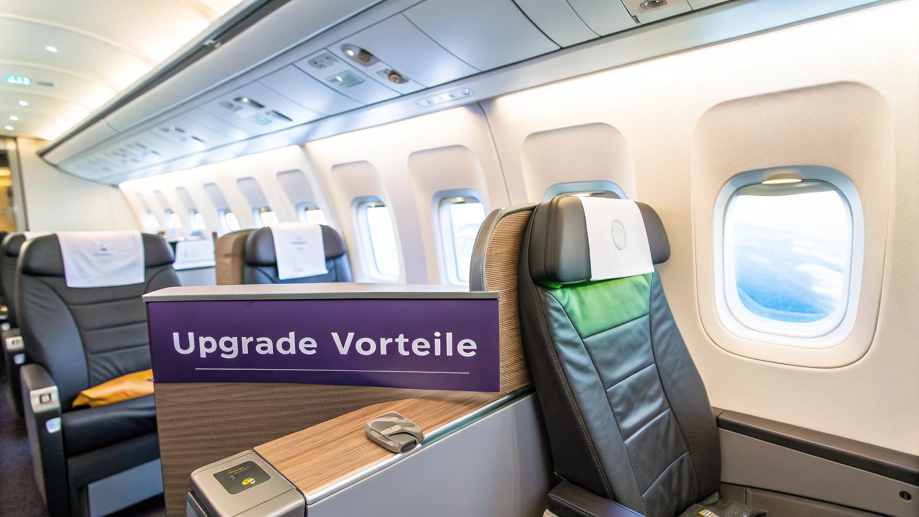 Person entspannt im Business-Class-Sitz eines Flugzeugs und schaut aus dem Fenster