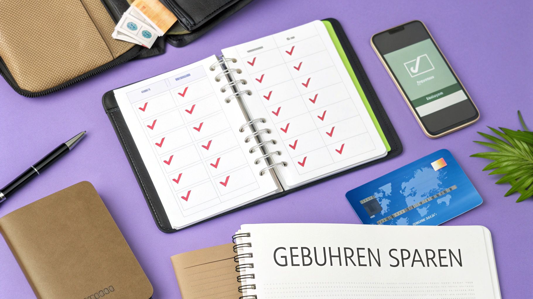 Eine Checkliste wird auf einem Tablet neben einem Reisepass und Flugtickets abgehakt.