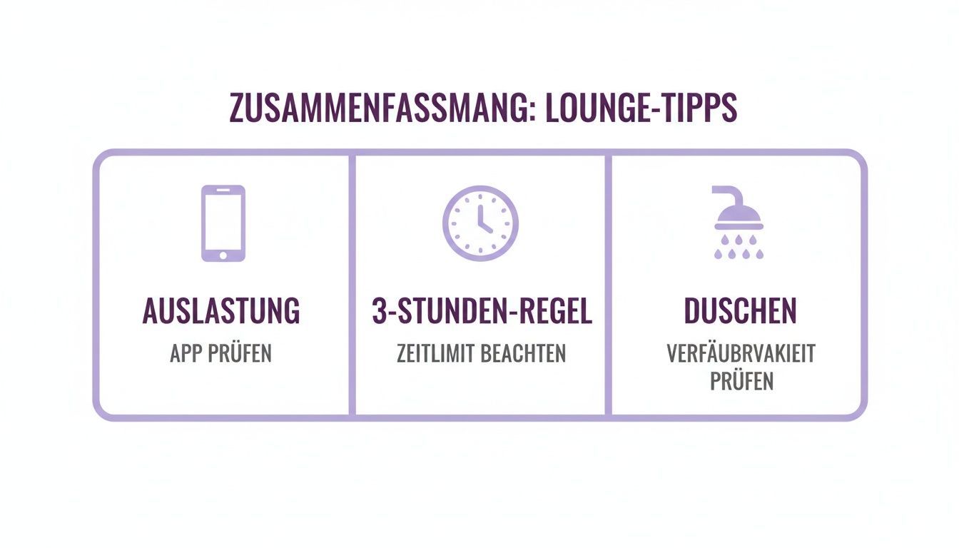 Übersicht von Lounge-Tipps mit Informationen zu Auslastung, 3-Stunden-Regel und Duschen-Verfügbarkeit.