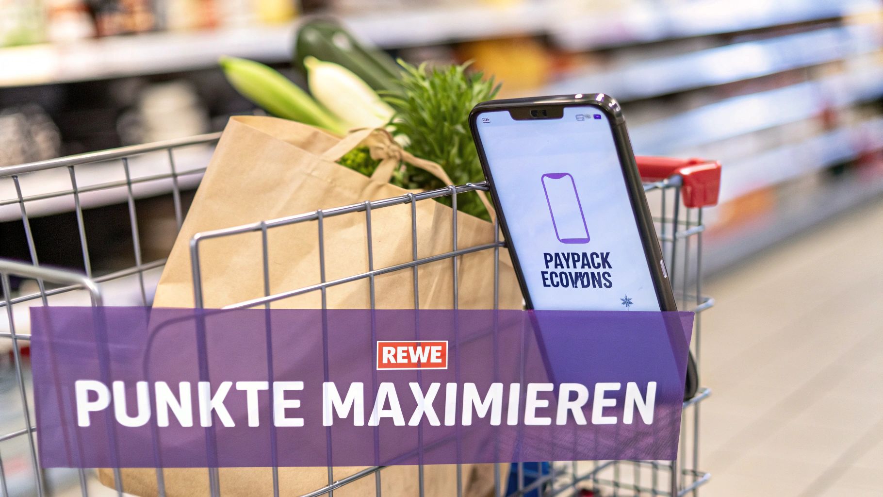 Einkaufswagen im Supermarkt mit Smartphone, das PAYPACK ECOVONS anzeigt, und REWE 'Punkte maximieren' Banner.