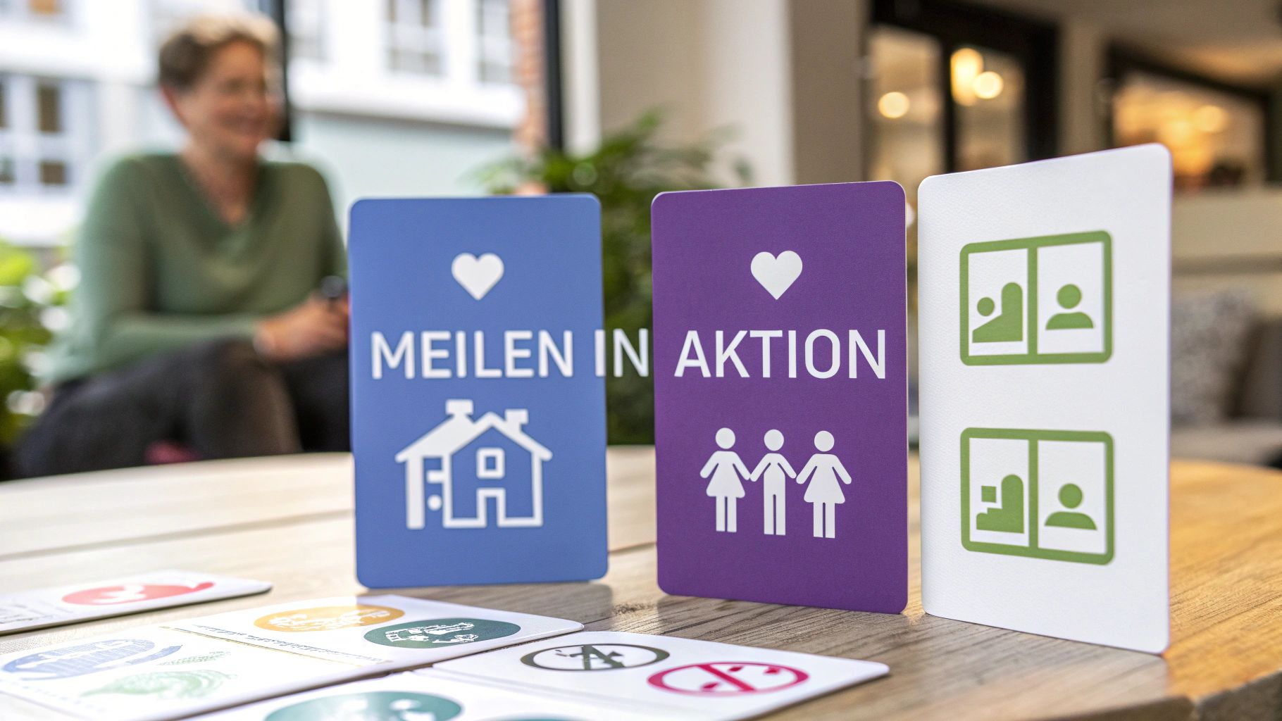 Drei Spielkarten auf einem Holztisch zeigen Herzen, Häuser und Personen, mit einer verschwommenen Person im Hintergrund. Die Karten tragen die Aufschrift 'MEILEN IN AKTION'.