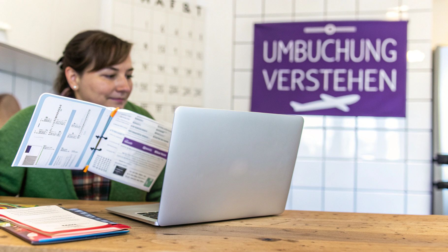 Eine nachdenkliche Person schaut aus einem Flugzeugfenster auf die Tragfläche und die Wolken.