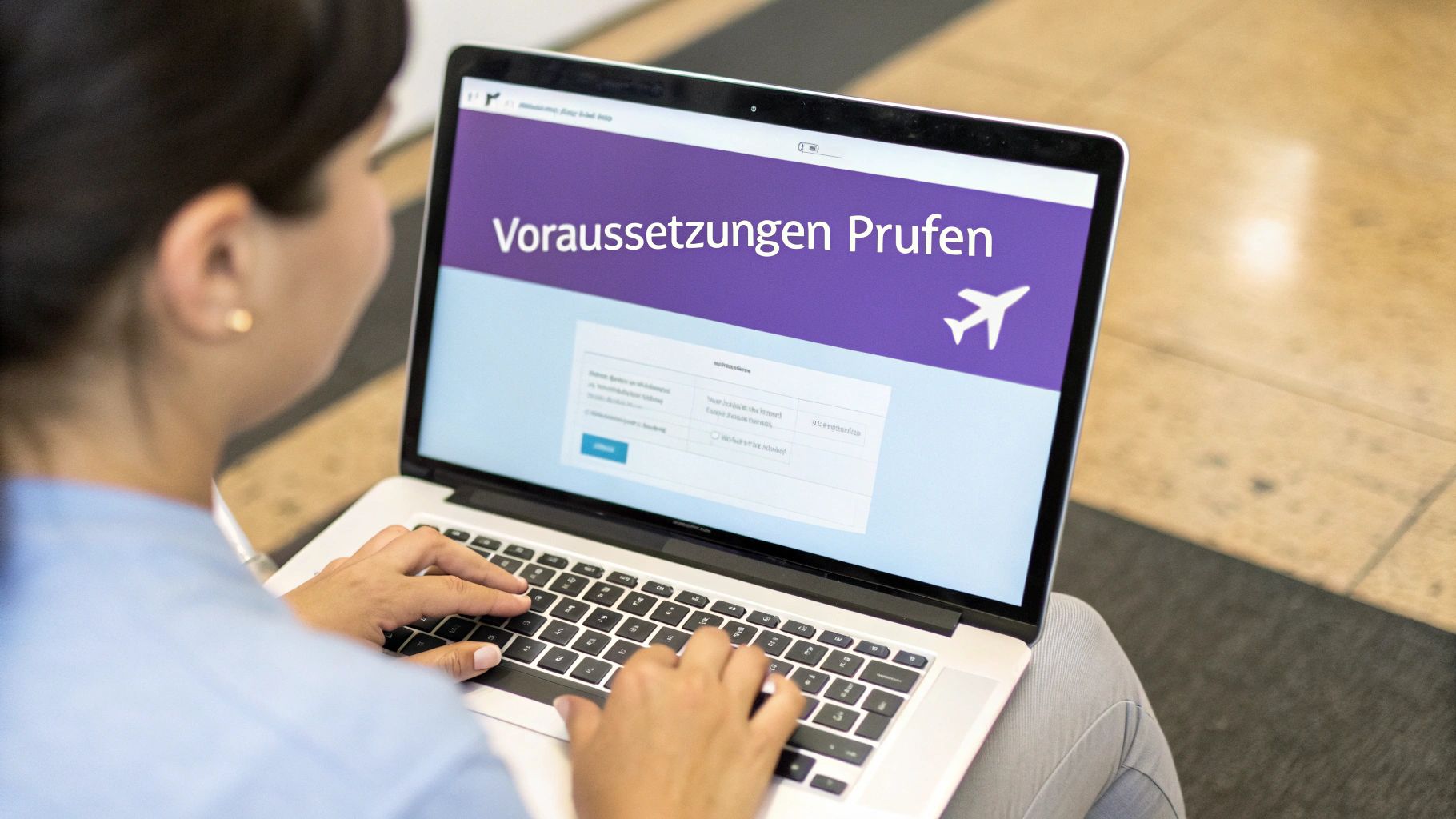 Eine Person sitzt bequem mit einem Laptop auf dem Schoß und füllt ein Online-Formular aus, was den einfachen Prozess der Online-Meilennachtragung symbolisiert.