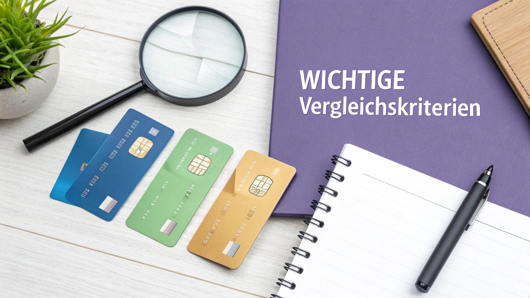 Lupe, verschiedene Kreditkarten und Notizbuch neben einem Ordner mit 'Wichtige Vergleichskriterien'.
