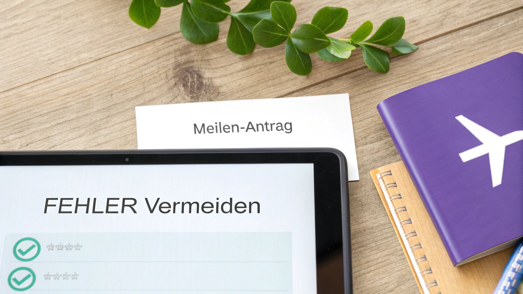 Auf einem Holztisch liegen ein Tablet mit der Aufschrift „FEHLER Vermeiden“, ein „Meilen-Antrag“ Dokument, ein lila Reisepass und eine Pflanze.