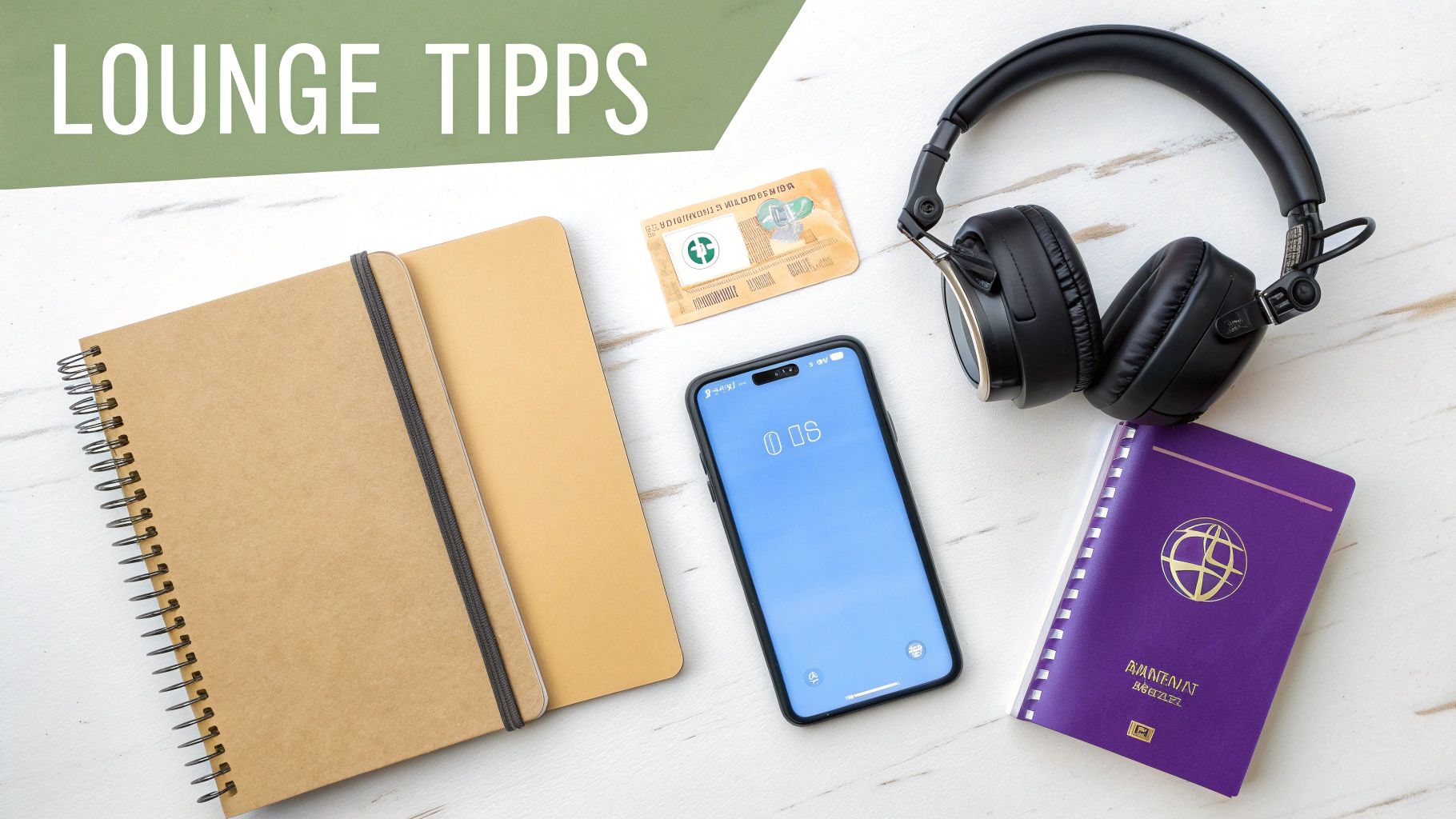 Ein Überblick über Gegenstände, die für Reisen und Flughafen-Lounges nützlich sind, mit dem Text 'LOUNGE TIPPS'.