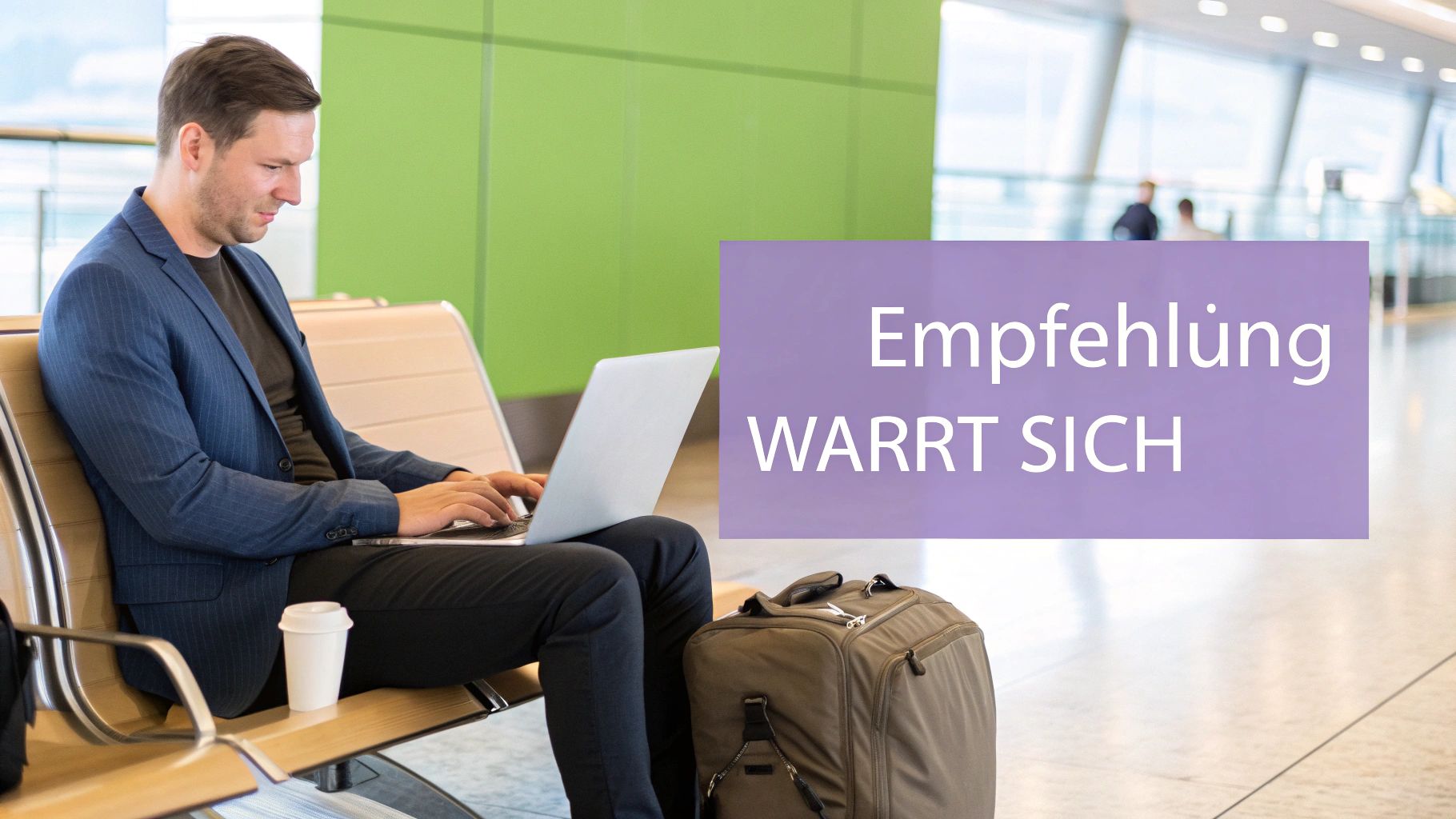 Ein Mann sitzt in einer Wartehalle und arbeitet an seinem Laptop. Neben ihm stehen eine Kaffeetasse und Gepäck.