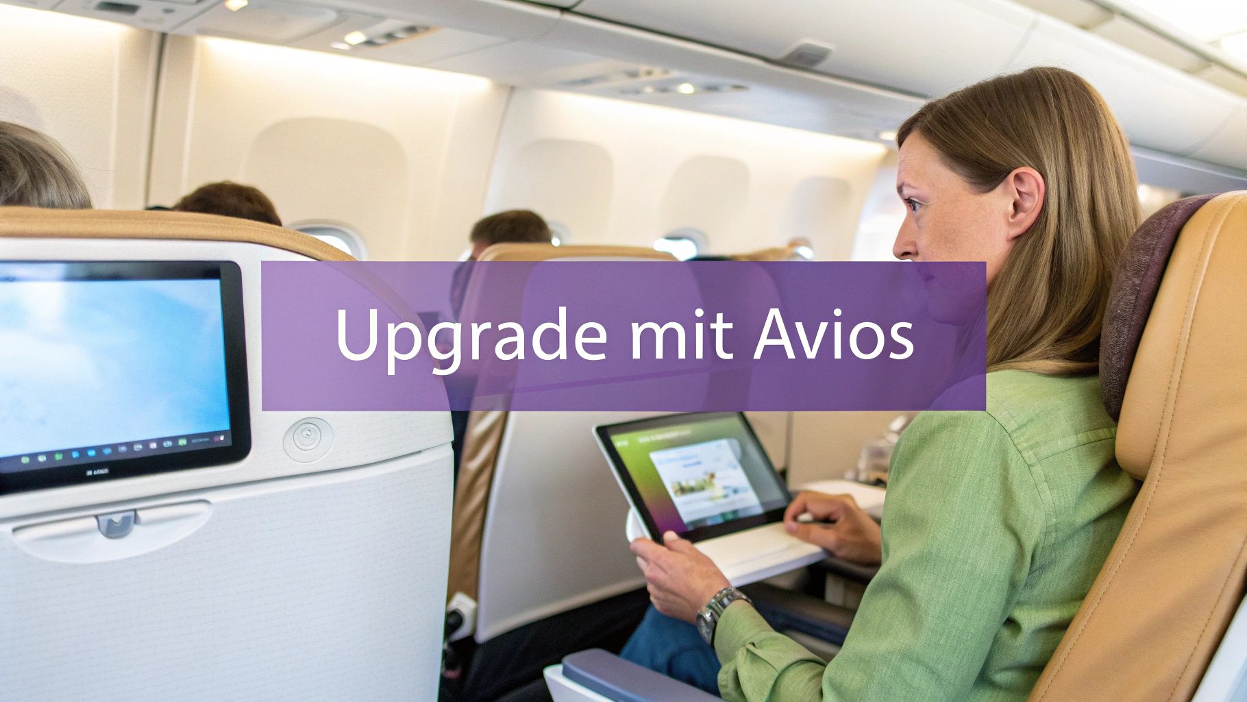 Frau im Flugzeug nutzt Tablet, während andere Passagiere im Hintergrund sitzen. Überlagerter Text: Upgrade mit Avios.