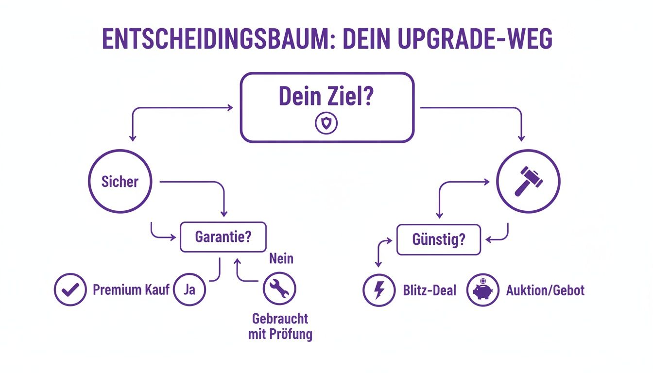 Ein Entscheidungsbaum zur Auswahl des passenden Upgrade-Weges, mit Optionen für Sicherheit oder günstige Angebote.