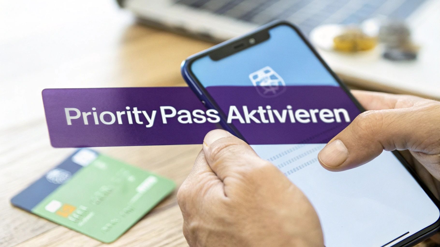 Hände aktivieren Priority Pass auf einem Smartphone. Eine lila Karte und Kreditkarte sind im Hintergrund.
