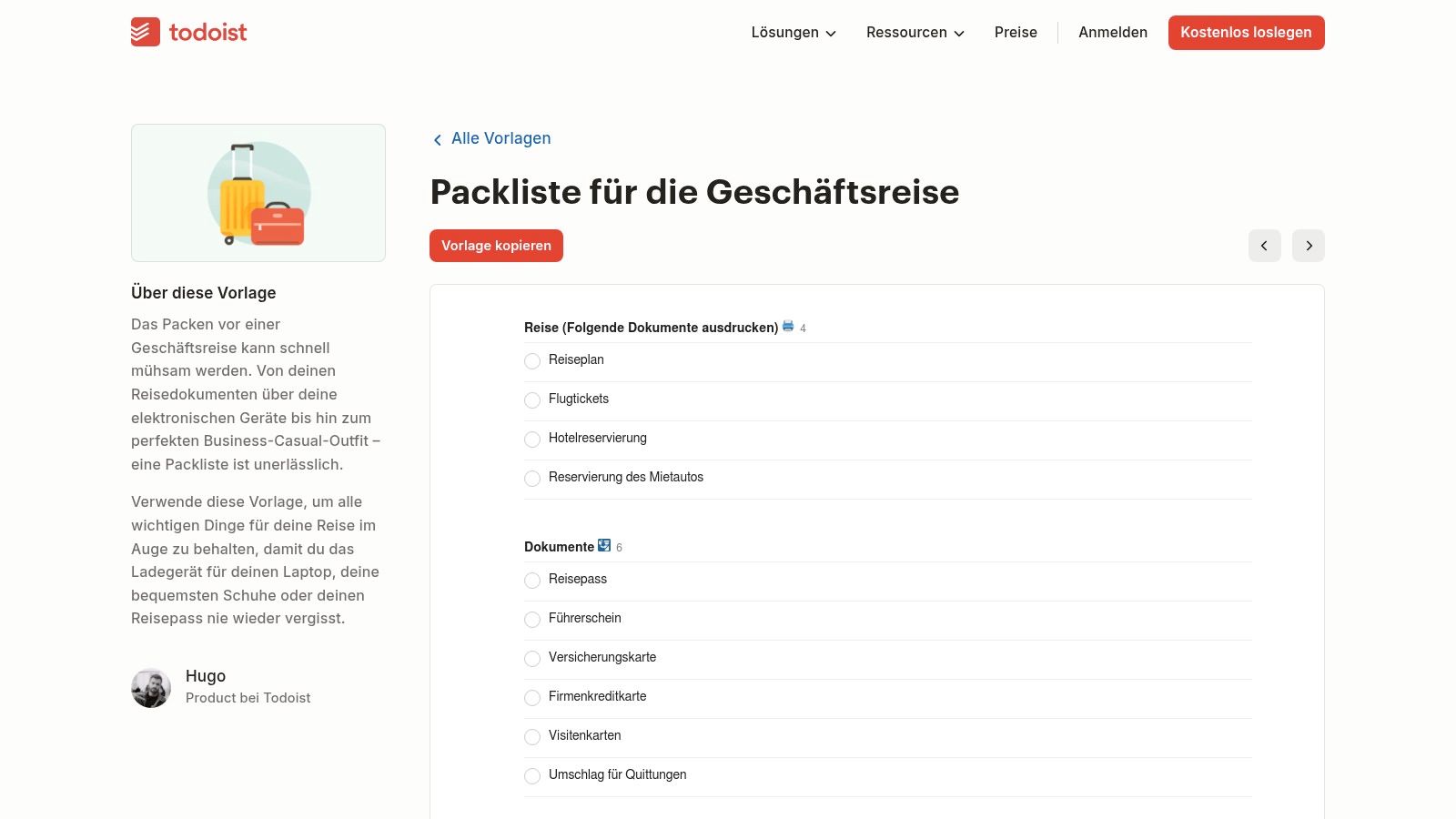 Todoist – Packliste für die Geschäftsreise