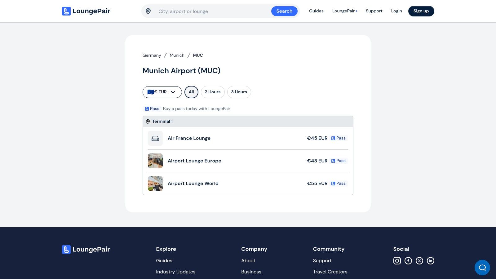LoungePair Website mit Suchfunktion für den Flughafen München