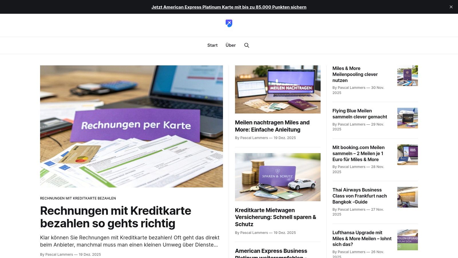 Reisen ohne Limit Website mit Fokus auf Kreditkarten und Punkte