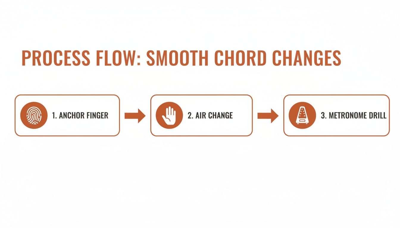 A three-step process flow for smooth chord changes in music, detailing anchor finger, air change, and metronome drill.