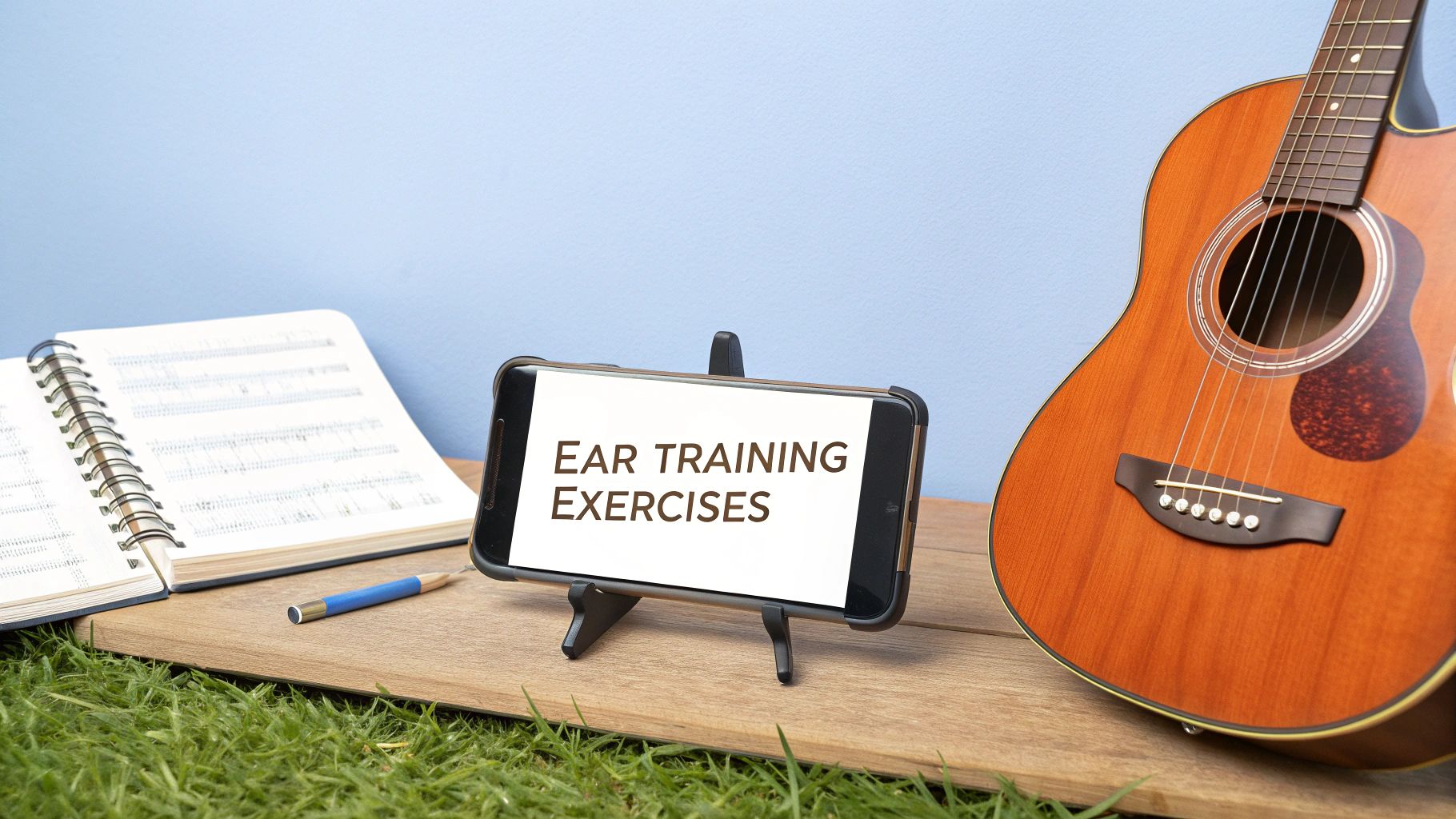 A smartphone on a stand displaying 'EAR TRAINING EXERCISES' next to a guitar and music book.