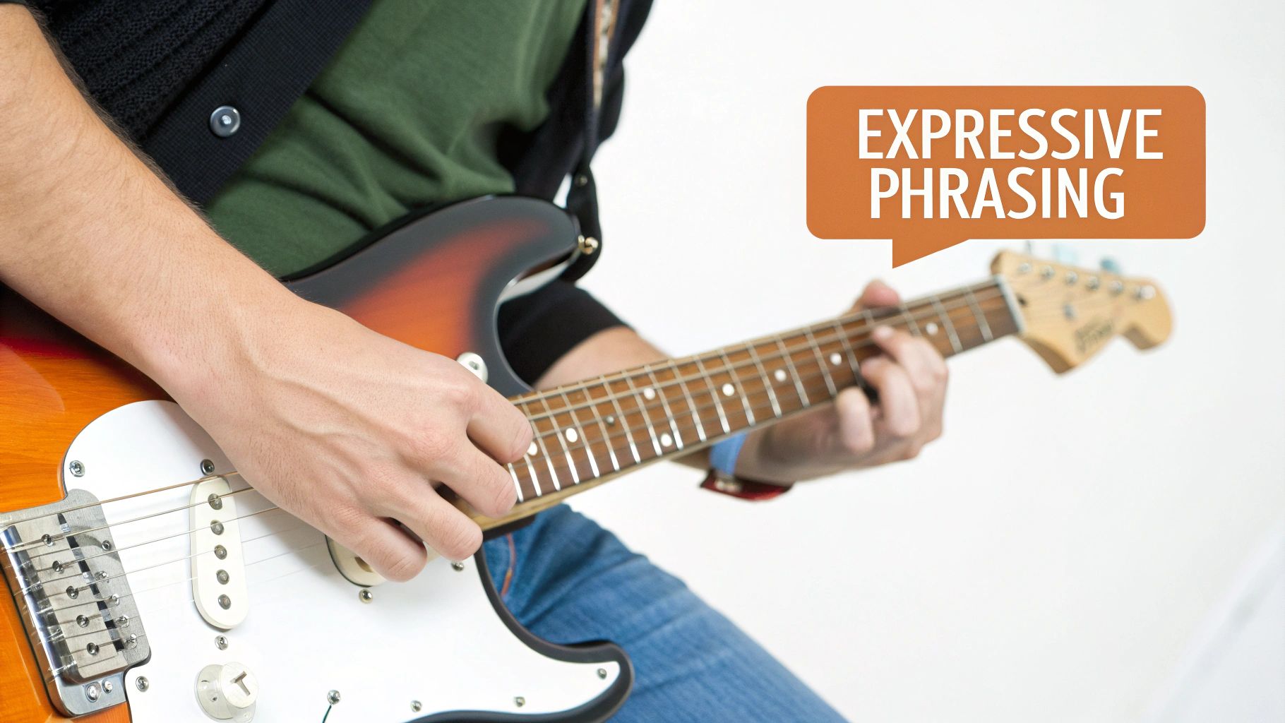 Close-up of a person playing an electric guitar with both hands, featuring an orange speech bubble stating 'EXPRESSIVE PHRASING'.
