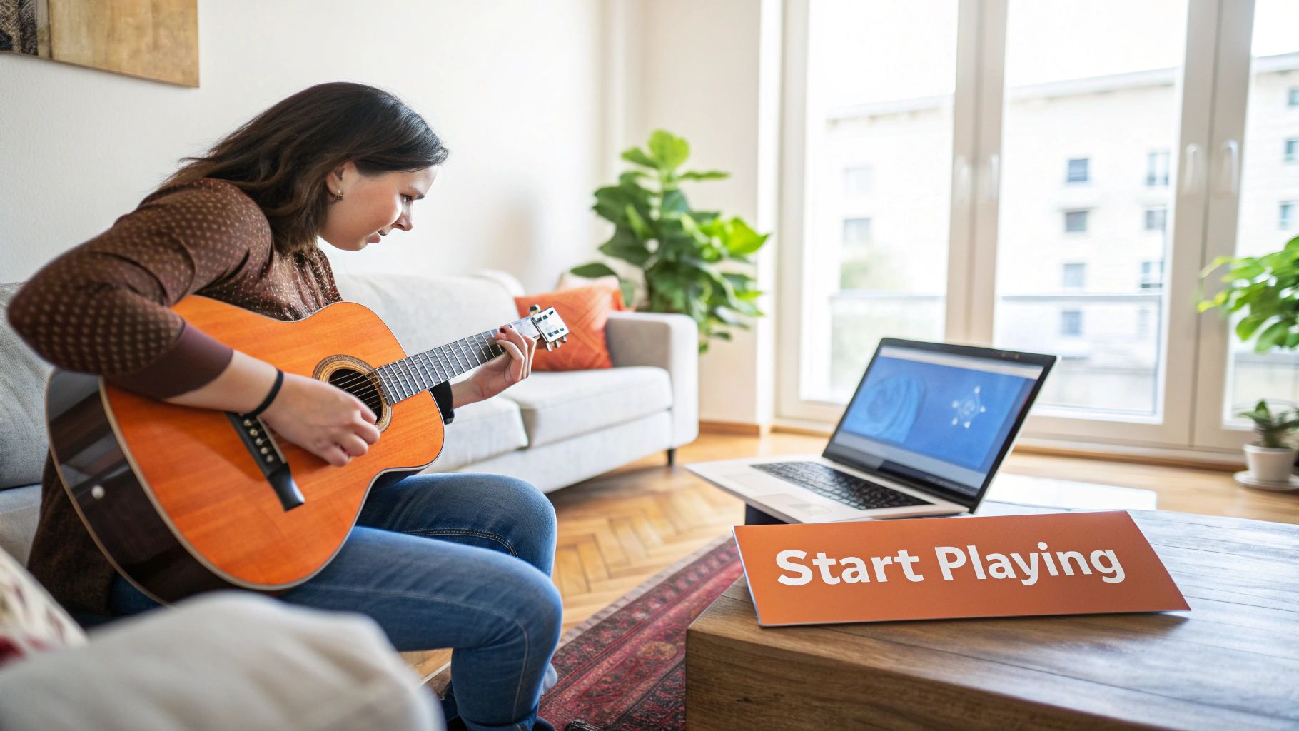 A young woman learns to play acoustic guitar, watching an online lesson on her laptop.