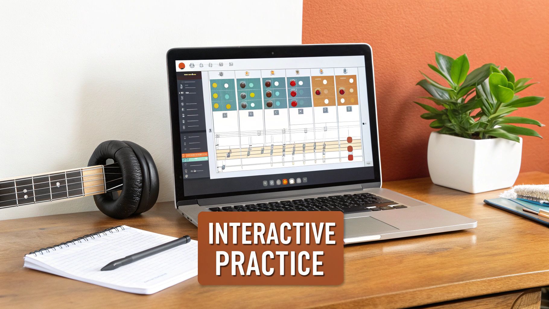 Interactive guitar practice software displayed on a laptop, with a guitar neck, headphones, and notebook.