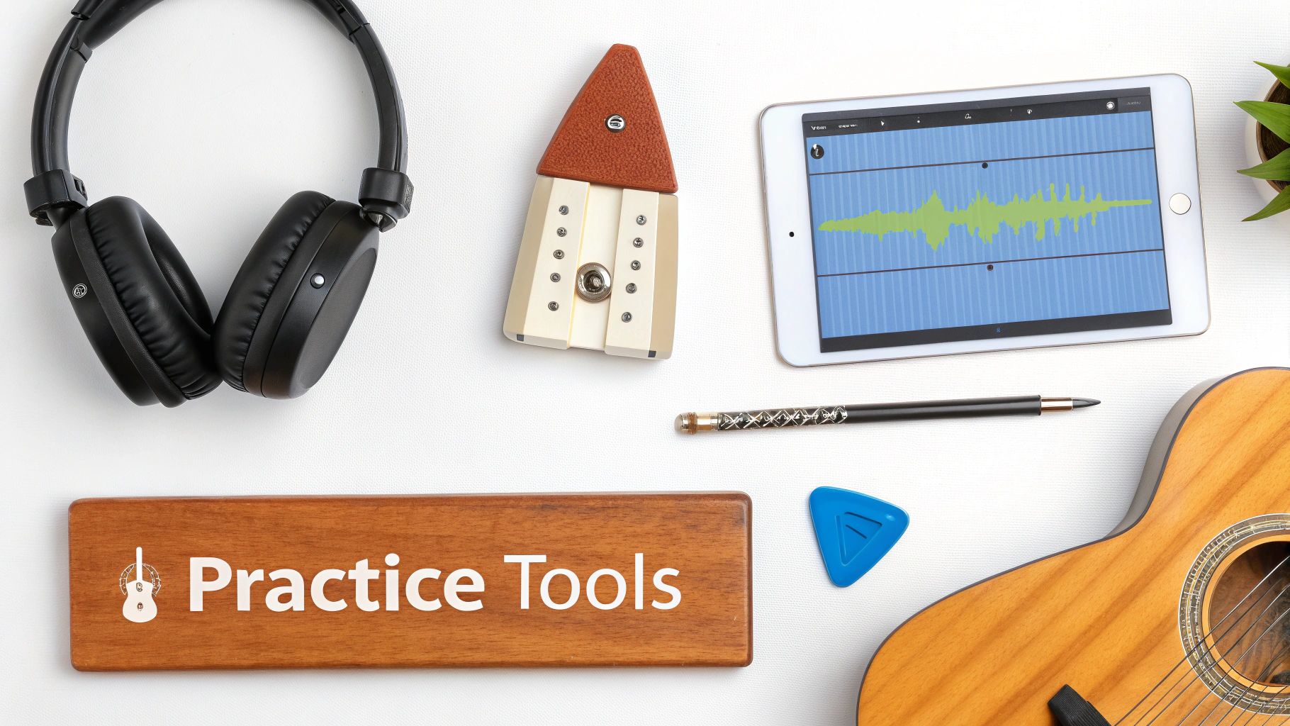 A flat lay of guitar practice tools including headphones, a tablet with a waveform, a pick, and a guitar.
