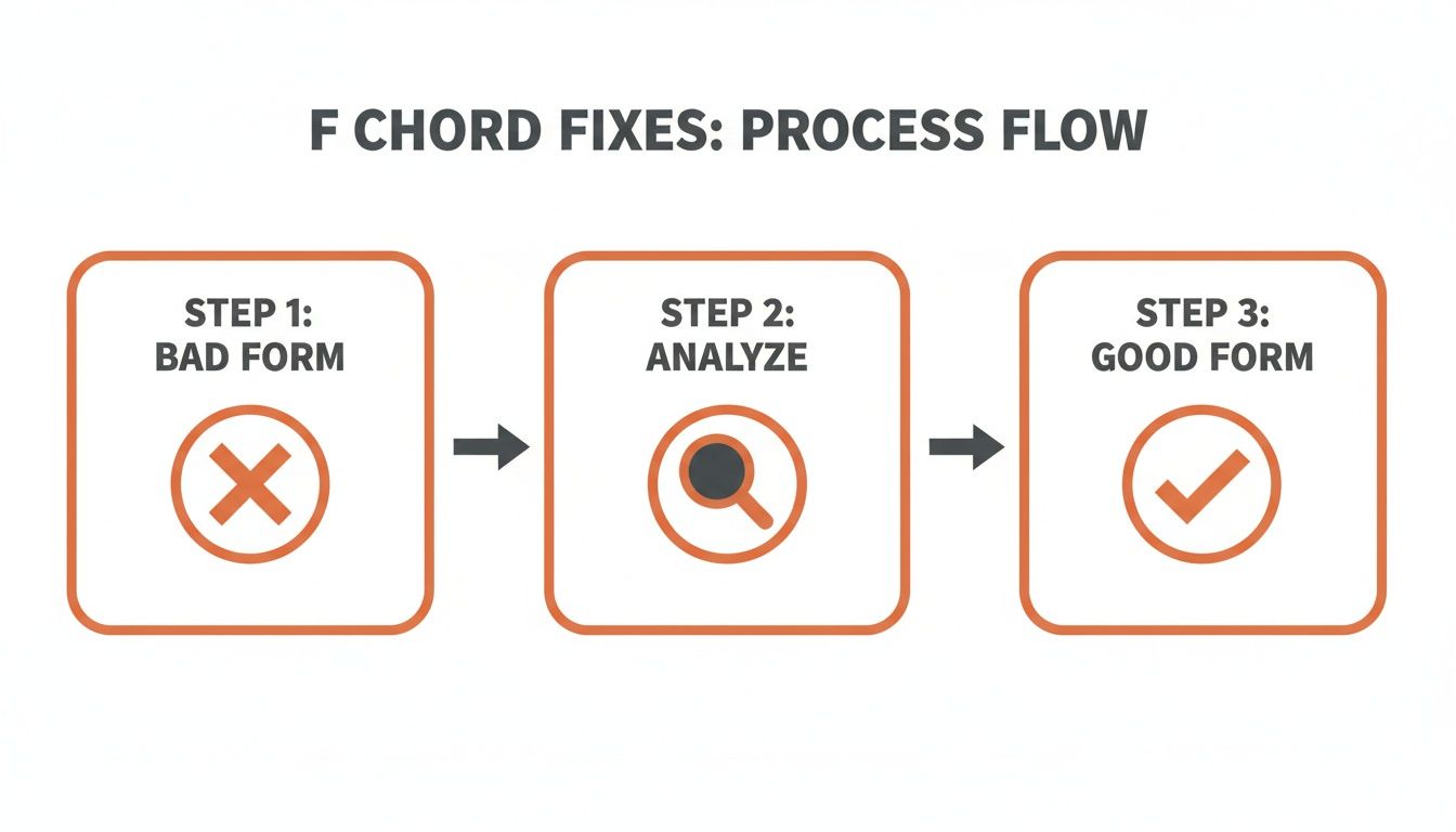 A three-step process flow for fixing F chord issues, showing bad form, analysis, and good form.