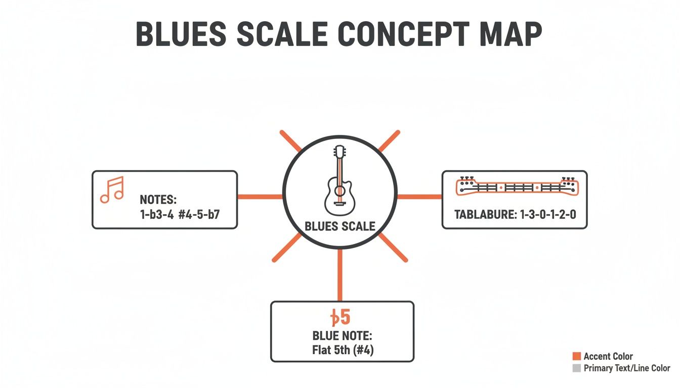 A concept map illustrating the blues scale, detailing its notes, guitar tablature, and the flat 5th blue note.