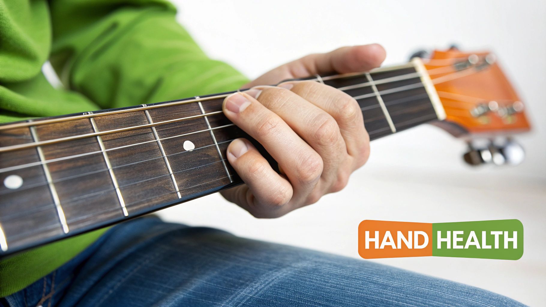 Close-up of a person's hand pressing down on the strings of an acoustic guitar fretboard, with a 'Hand Health' logo.
