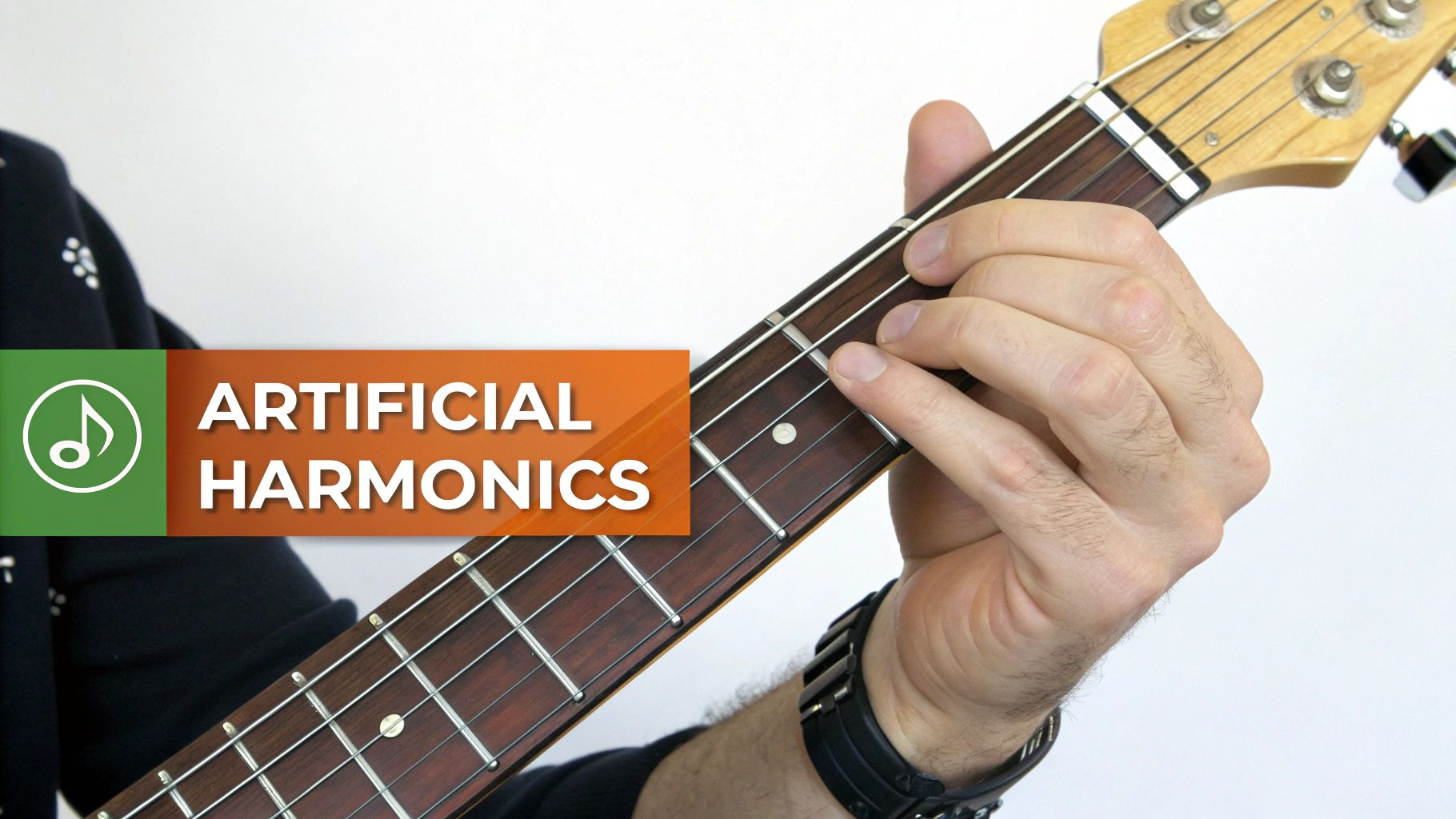Hands on a guitar fretboard with 'ARTIFICIAL HARMONICS' text, demonstrating a playing technique.