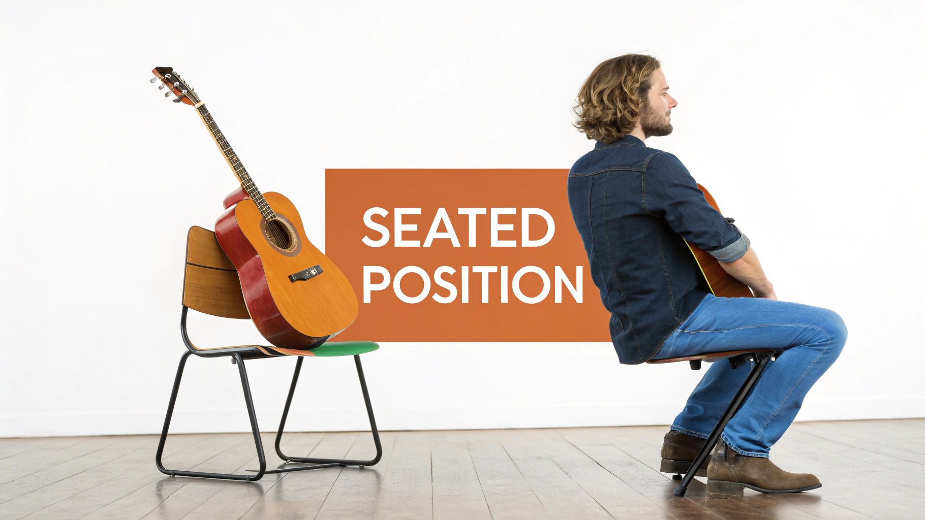 A man demonstrates the correct seated position for holding a guitar, with another guitar on a chair.