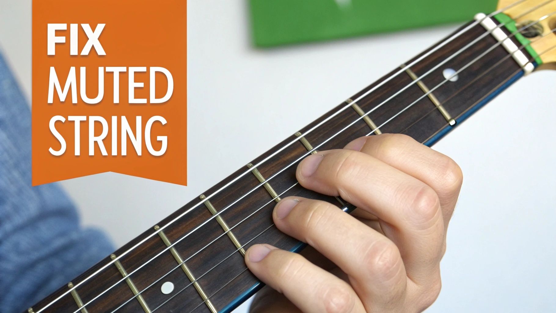 Close-up of a hand pressing a chord on a ukulele or guitar fretboard, with text 'FIX MUTED STRING'.