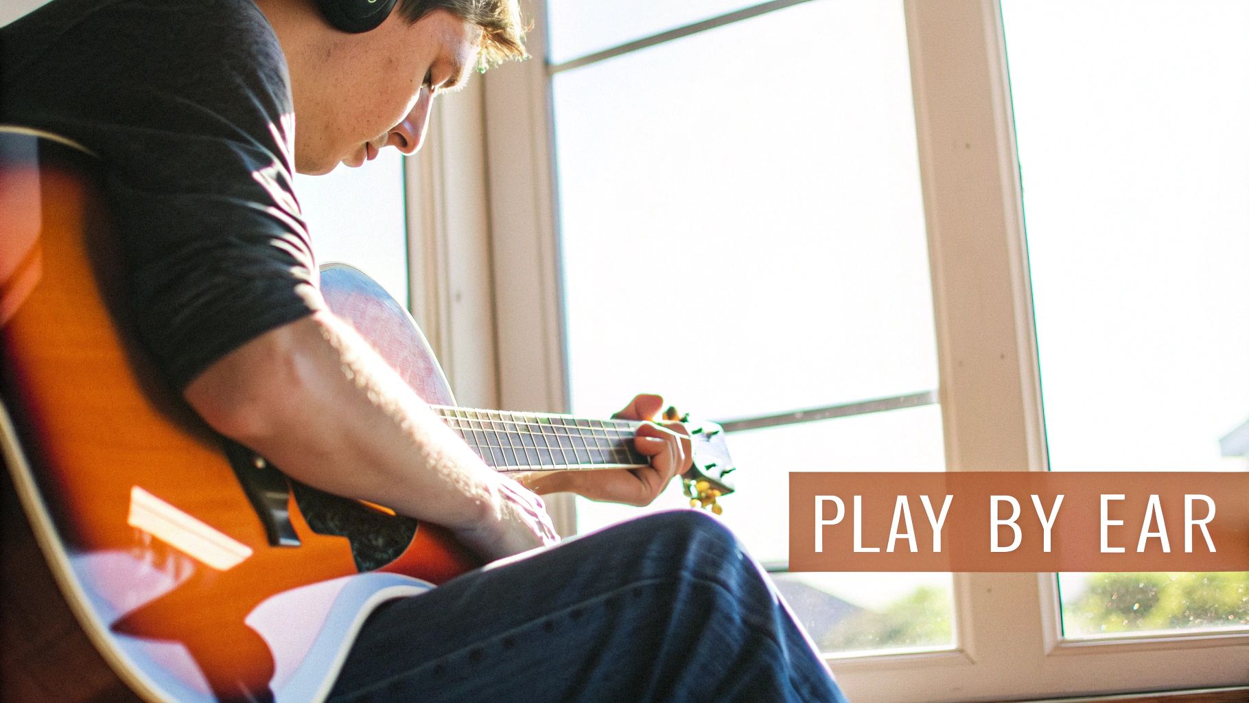 A person with headphones playing an acoustic guitar by a bright window, text 'PLAY BY EAR' on the right.