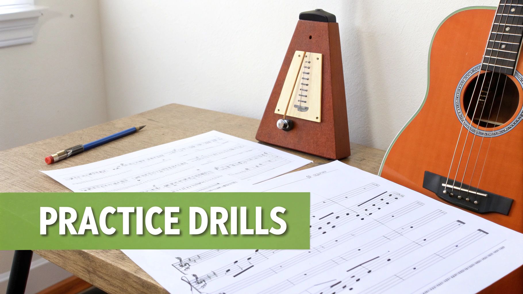 A desk with an acoustic guitar, metronome, sheet music, and a pencil, featuring a 'PRACTICE DRILLS' banner.