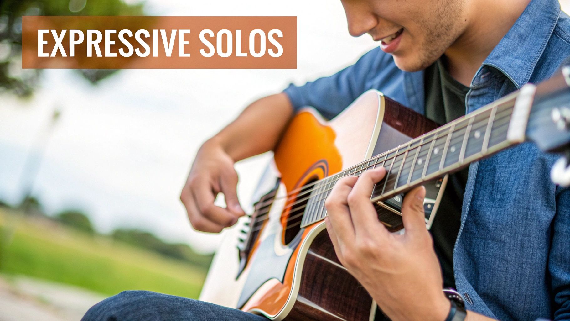 A smiling person playing an acoustic guitar with text 'EXPRESSIVE SOLOS' on a banner.