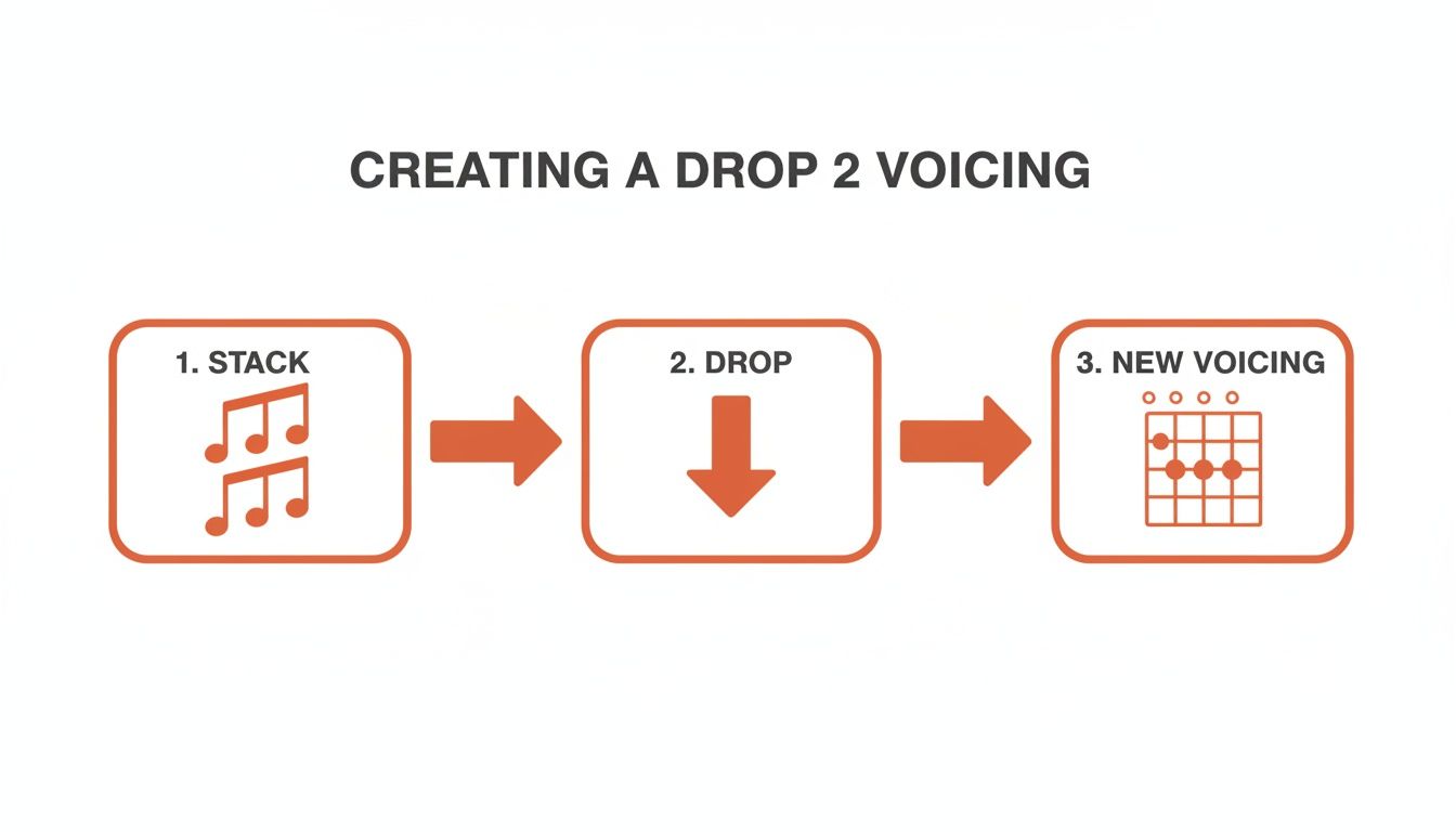 Flowchart illustrating the three steps to create a drop 2 chord voicing, from stacking notes to a guitar diagram.